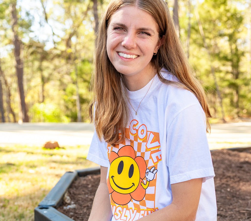 Adult Checkerboard Flower Tee - Pine Cove Web Store